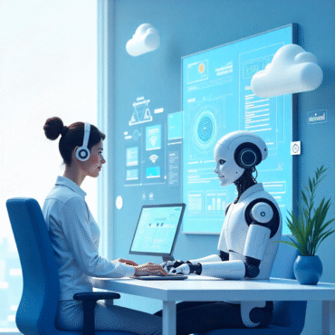 Illustration showing AI in IT support with futuristic helpdesk and robotic assistants