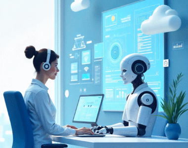 Illustration showing AI in IT support with futuristic helpdesk and robotic assistants